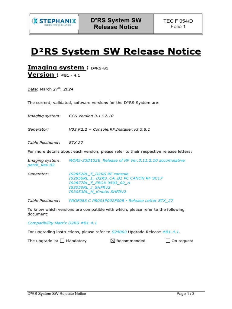 TECF054 D - D2RS System SW Release Notice B1 #4.1 2 | PDF | Computer ...