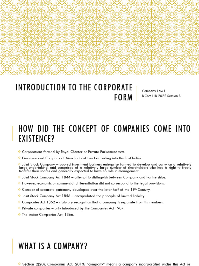 Week 1 Introduction To The Corporate Form Pdf Partnership