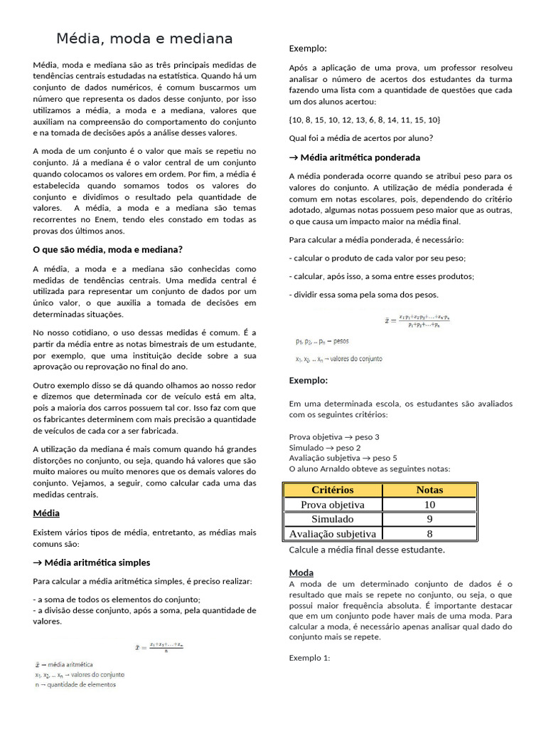 Média, Moda e Mediana: Conceitos e Cálculos | PDF | Média | Modo ...