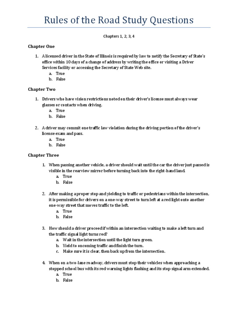 Rules of the Road Study Questions Chapters 1, 2, 3, 4 Traffic
