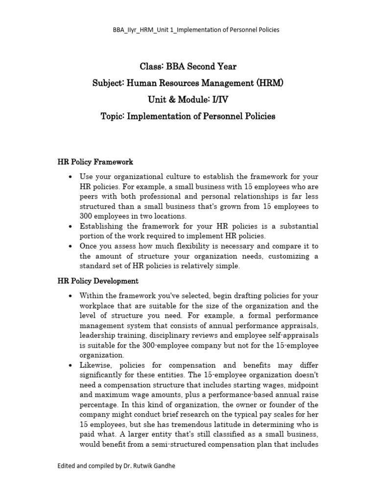 Implementing HR Personnel Policies | PDF | Employment | Human Resources
