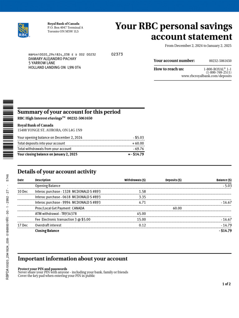 RBC Personal Savings Statement Summary | PDF | Cheque | Banks