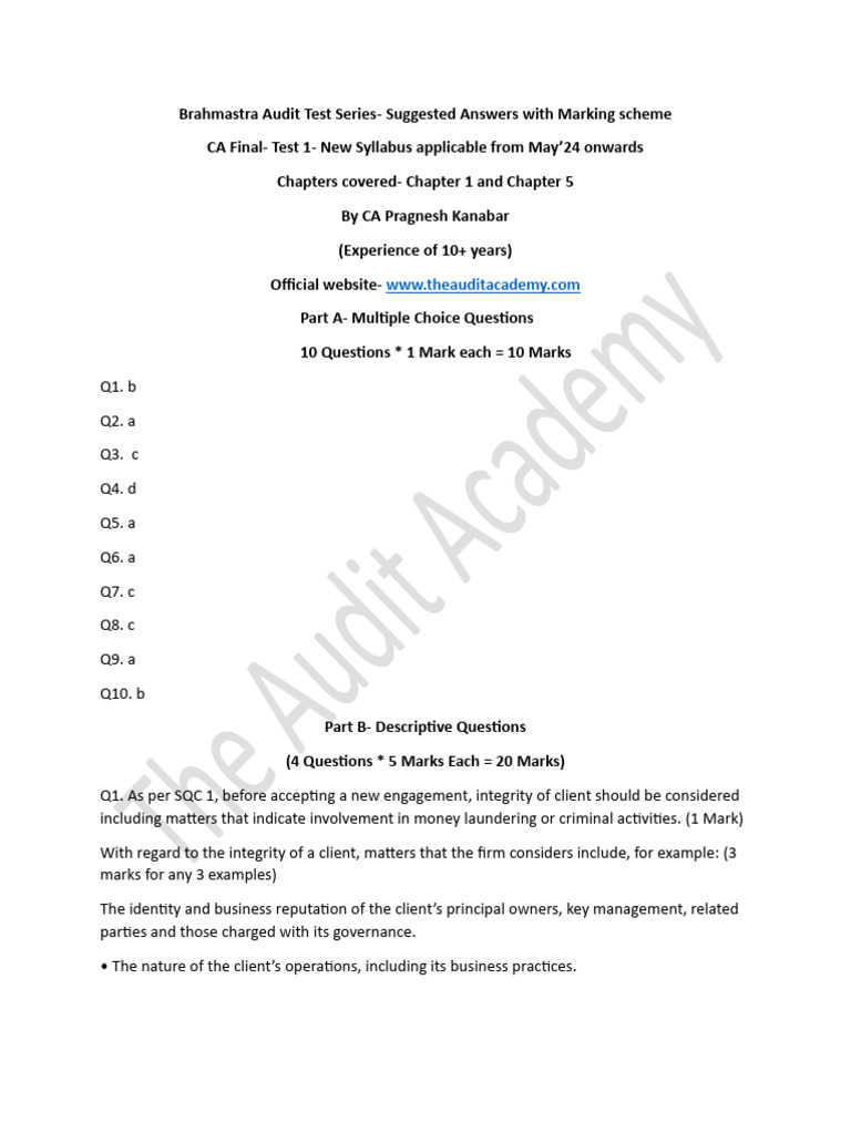 CA Final Test 1 Ans | PDF | Audit | Business
