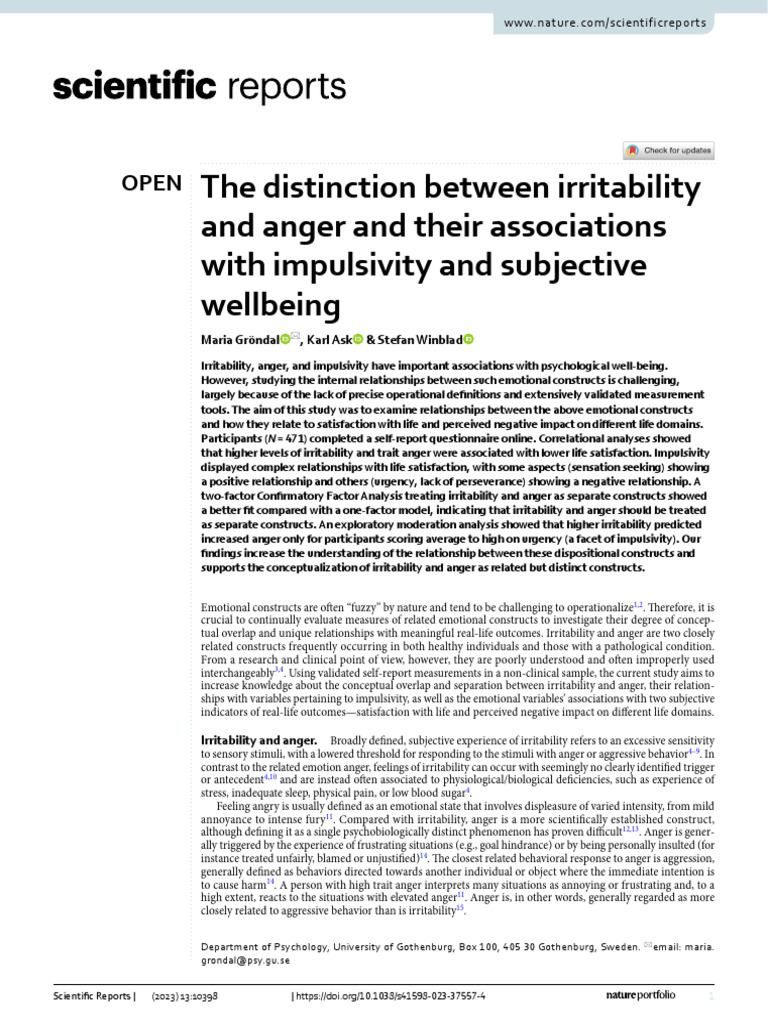 Irritability, Anger, and Wellbeing Study | PDF | Anger | Impulsivity