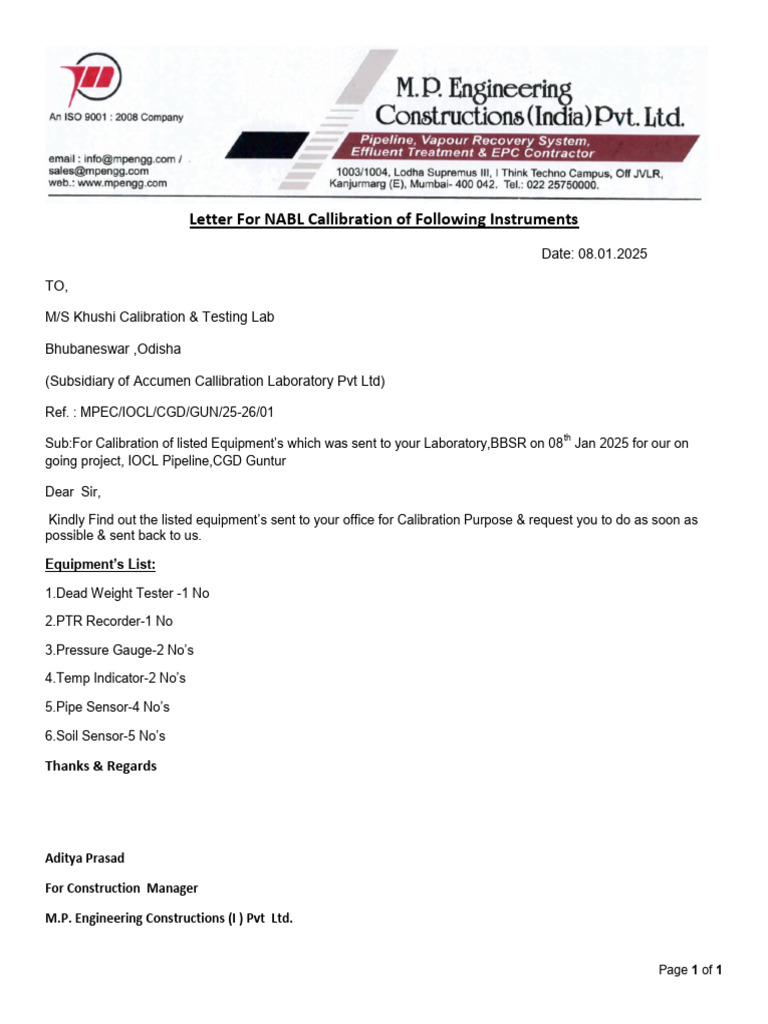Calibration Request for Equipment List | PDF