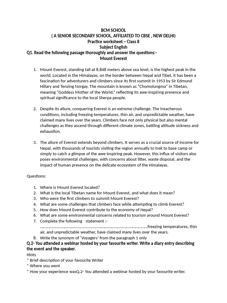 Class 8 English Practice Worksheet | PDF | Mount Everest | Mountaineering