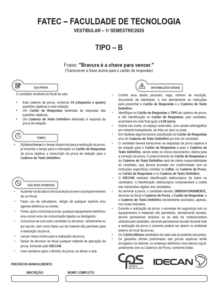 Instruções para Prova da FATEC 2025 | PDF | Nitrogênio | Célula (Biologia)