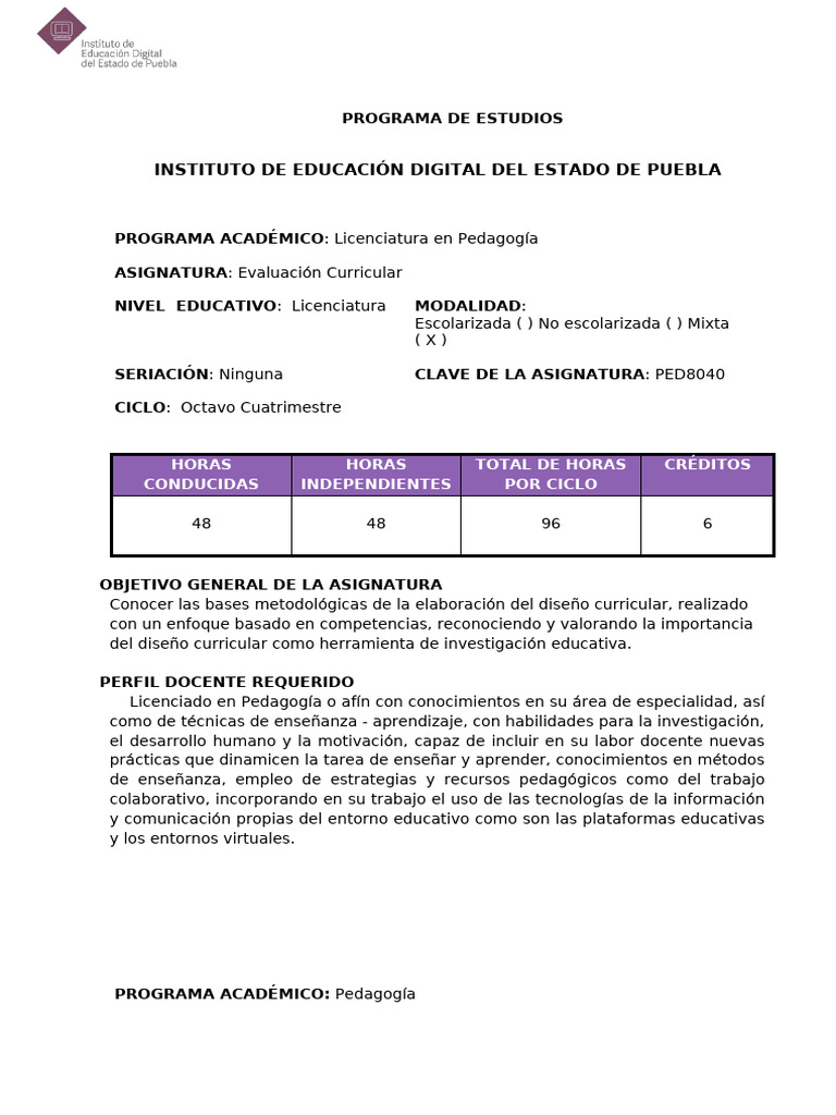 Evaluación Curricular en Pedagogía | PDF | Plan de estudios | Evaluación