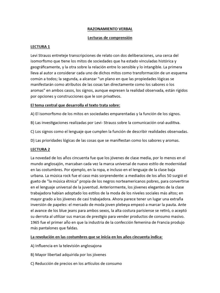 Razonamiento Verbal Lecturas de Comprensión Lectura 1 | PDF | Amor ...