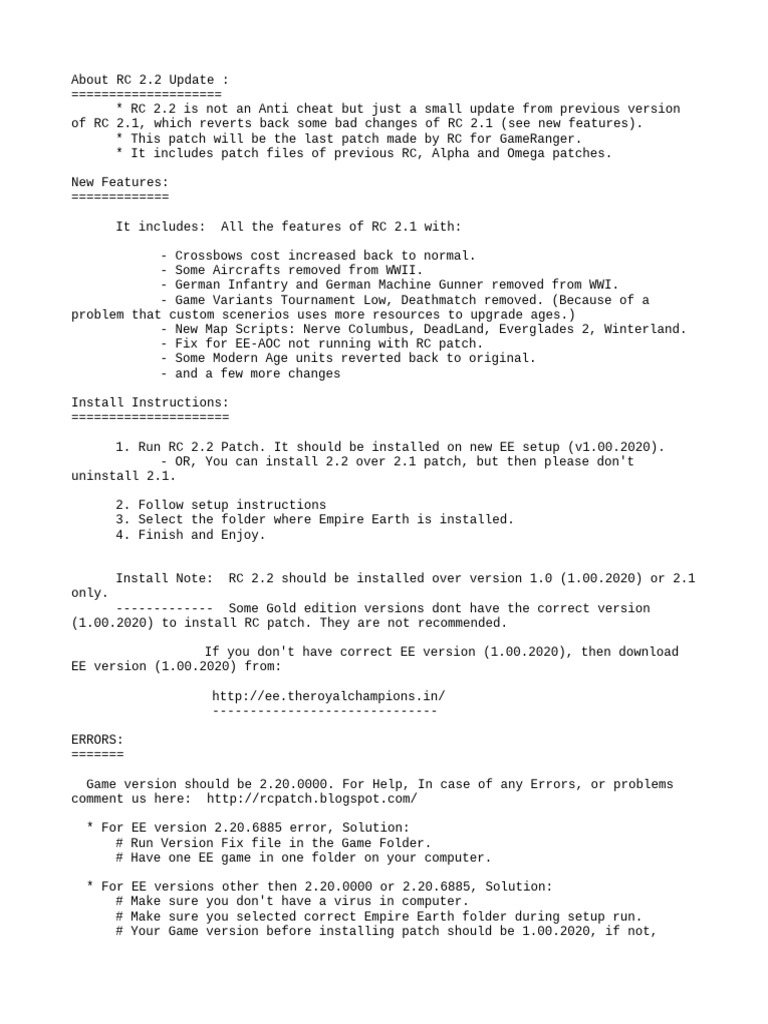 RC 2.2 Patch Update for Empire Earth | PDF | Computer Science | System ...