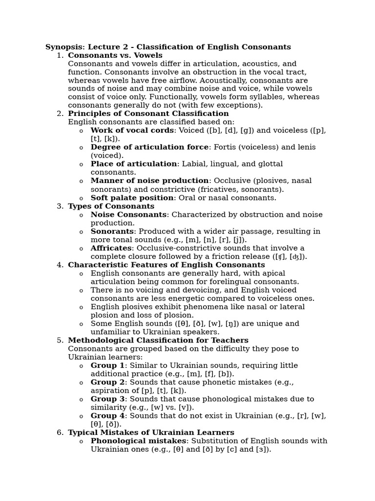 English Consonant Classification Guide | PDF | Consonant | Phonetics