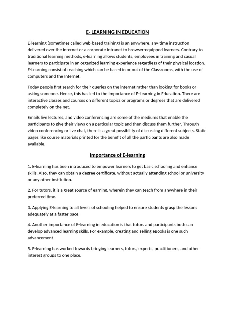 Importance of E-Learning in Education | PDF | Educational Technology ...