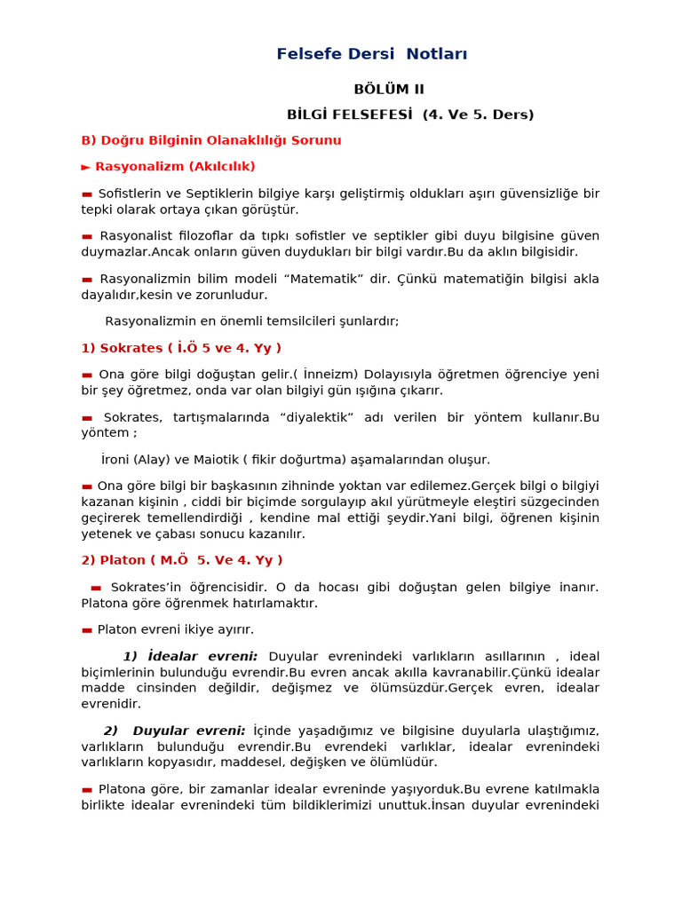 Felsefe Dersi Notları Bilgi Ve Bilim Felsefesi | PDF