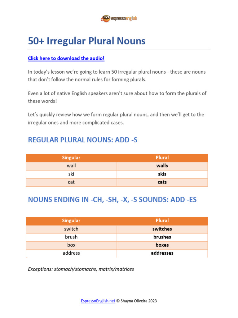 50 Irregular Plural Nouns | PDF | Plural | Linguistics