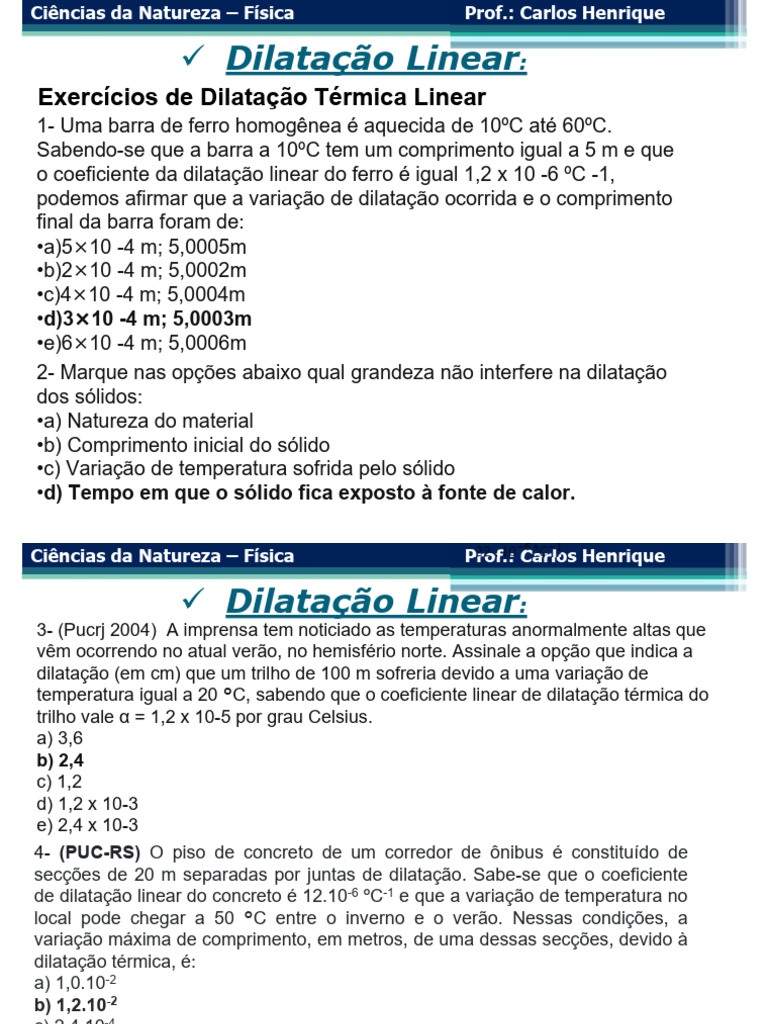 Aula 3 2 Ano - Dilatação Termica Linear Nos Sólidos - Lista de ...