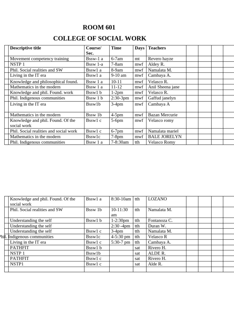 Social Work Course Schedule Overview | PDF