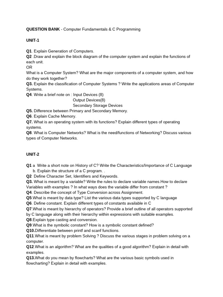 QUESTION BANK - Computer Fundamentals & C Programming | PDF | C ...