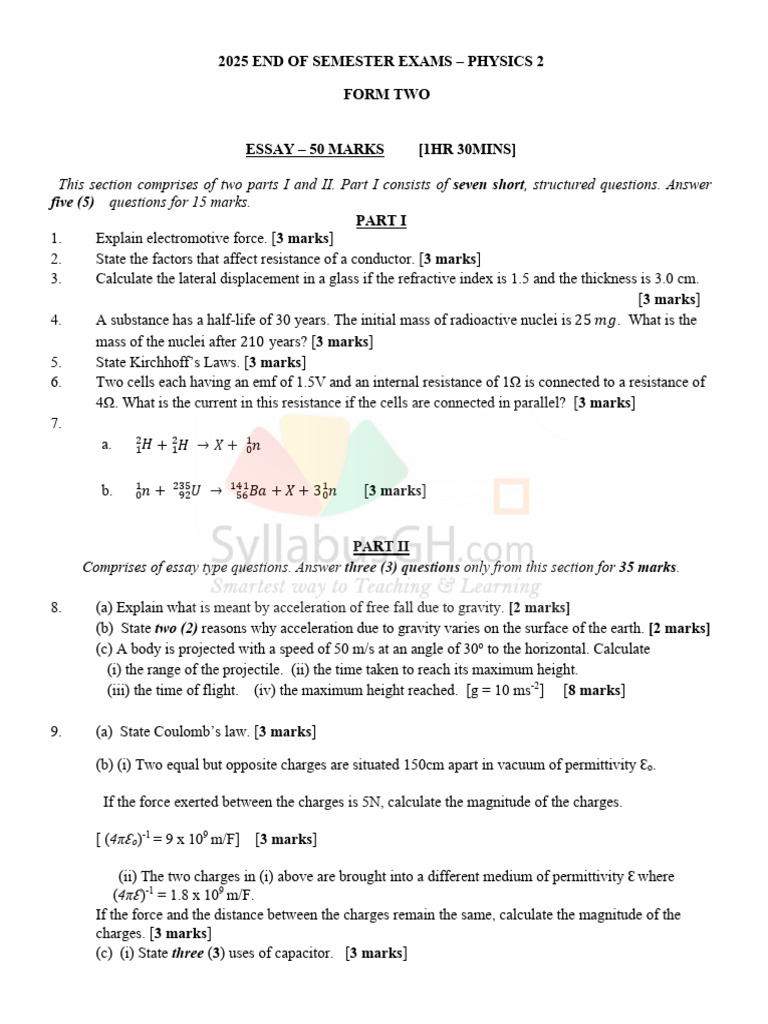 2025 Shs2 End Of Semester Exams Physics 2 Pdf Physical Sciences