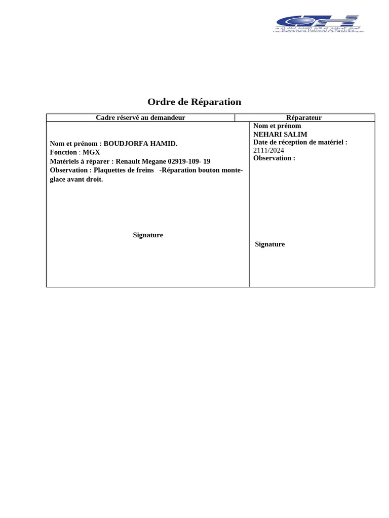 Ordre de Réparation Renault Megane | PDF