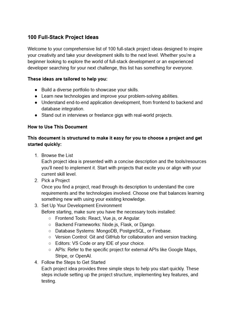 100 Full-Stack Project Ideas for Developers | PDF | Mobile App | User ...
