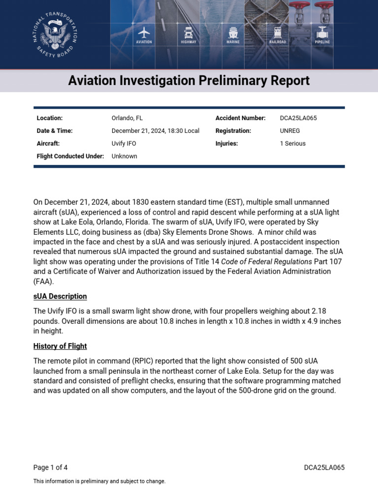 NTSB Drone Show Preliminary Report | PDF | National Transportation ...