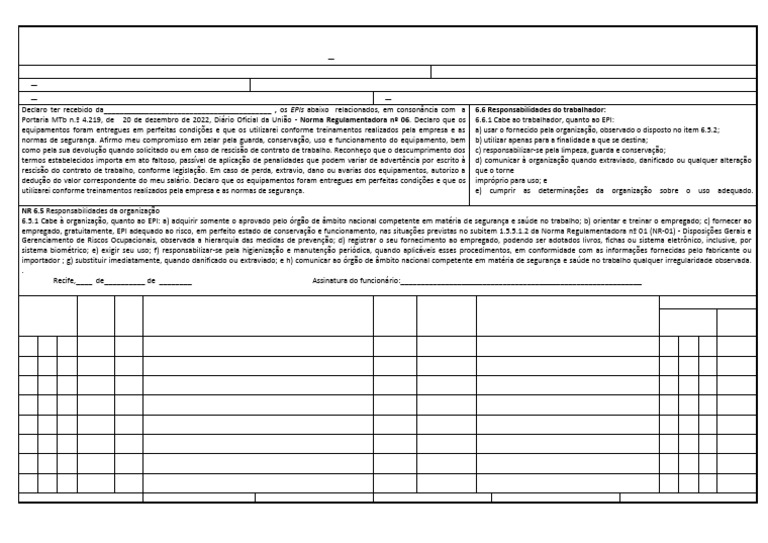 Ficha de Uso de EPI para Funcionários | PDF | Equipamentos de proteção ...