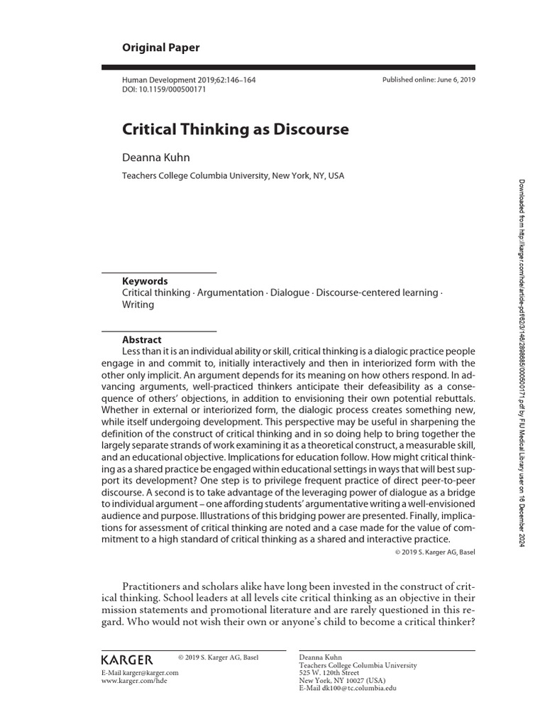 Critical Thinking As Discourse | PDF | Critical Thinking | Thought