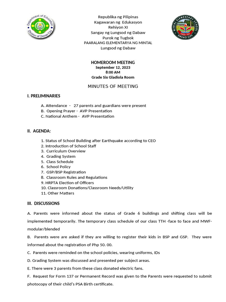 Sample Minutes Of Homeroom Pta Meeting