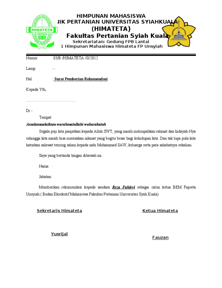 Contooh Surat Rekomendasi Balon Bem