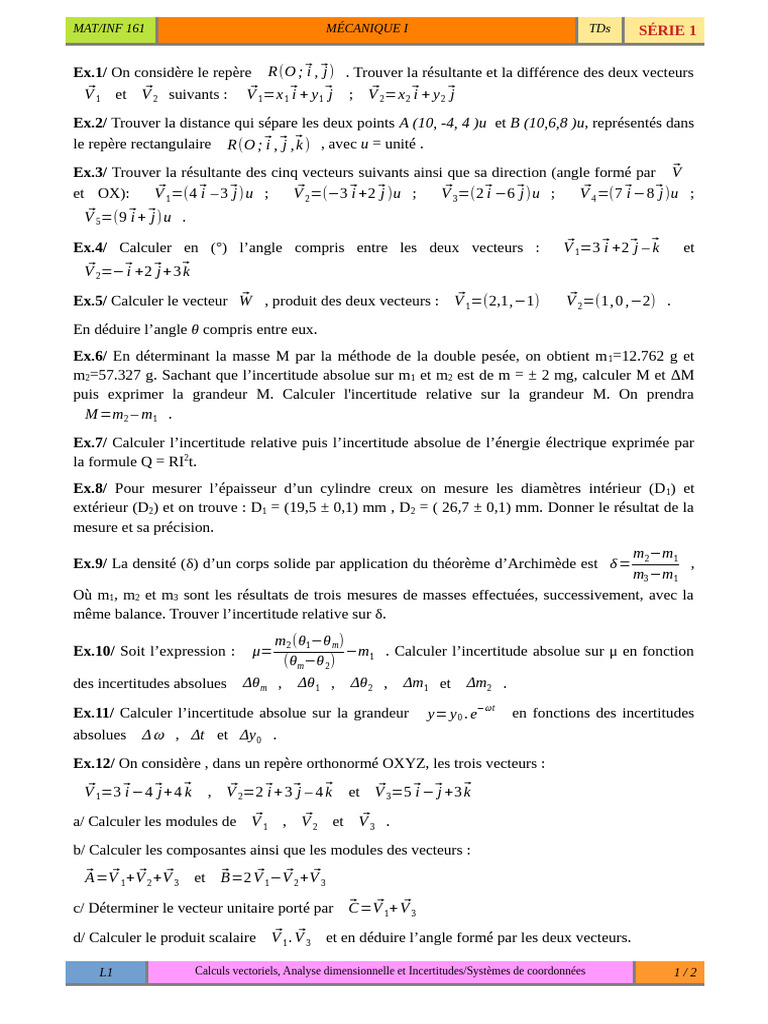 Calculs vectoriels et incertitudes en mécanique | PDF | Quantité ...