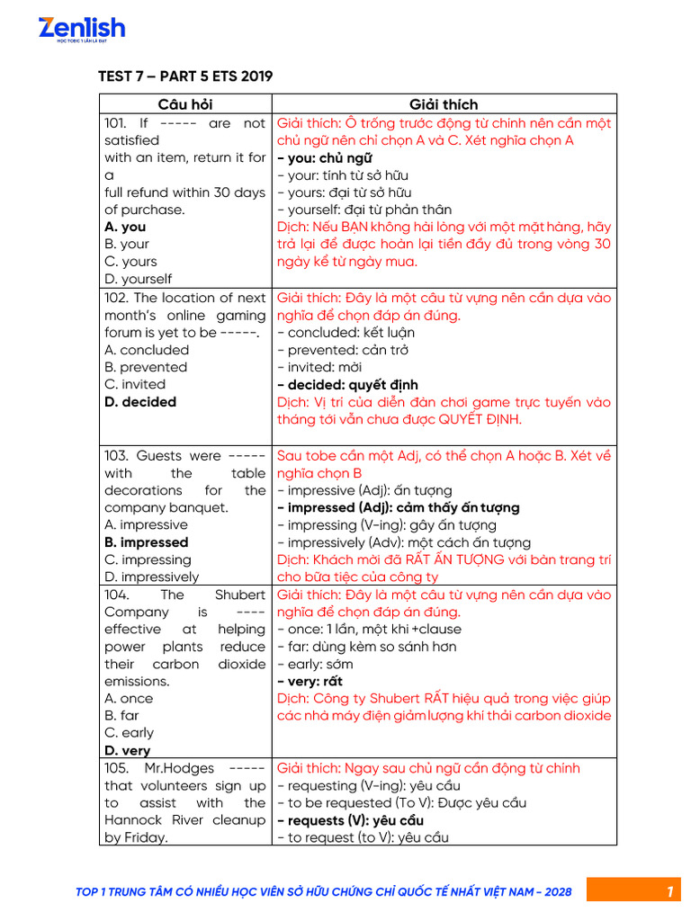1.8. GIẢI CHI TIẾT PART 5,6 TEST 7 ETS 2019 RC | PDF