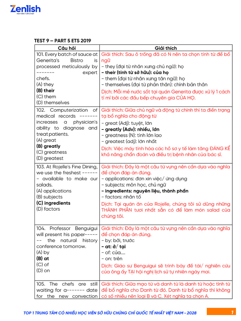 1.8. GIẢI CHI TIẾT PART 5,6 TEST 9 ETS 2019 RC | PDF