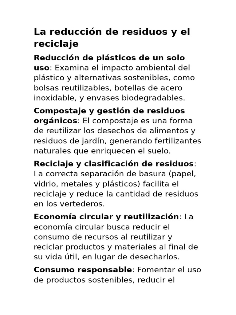 La Reducción de Residuos y El Reciclaje | PDF