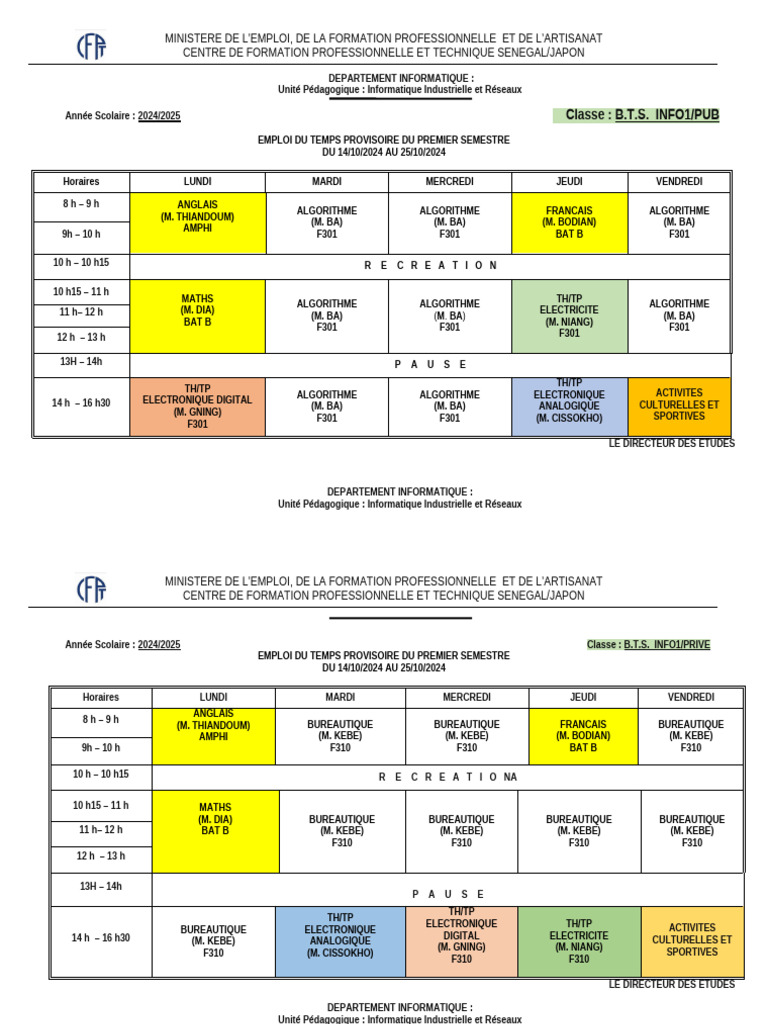 Emploi du temps BTS Informatique 2024 | PDF | Enseignement technique et ...