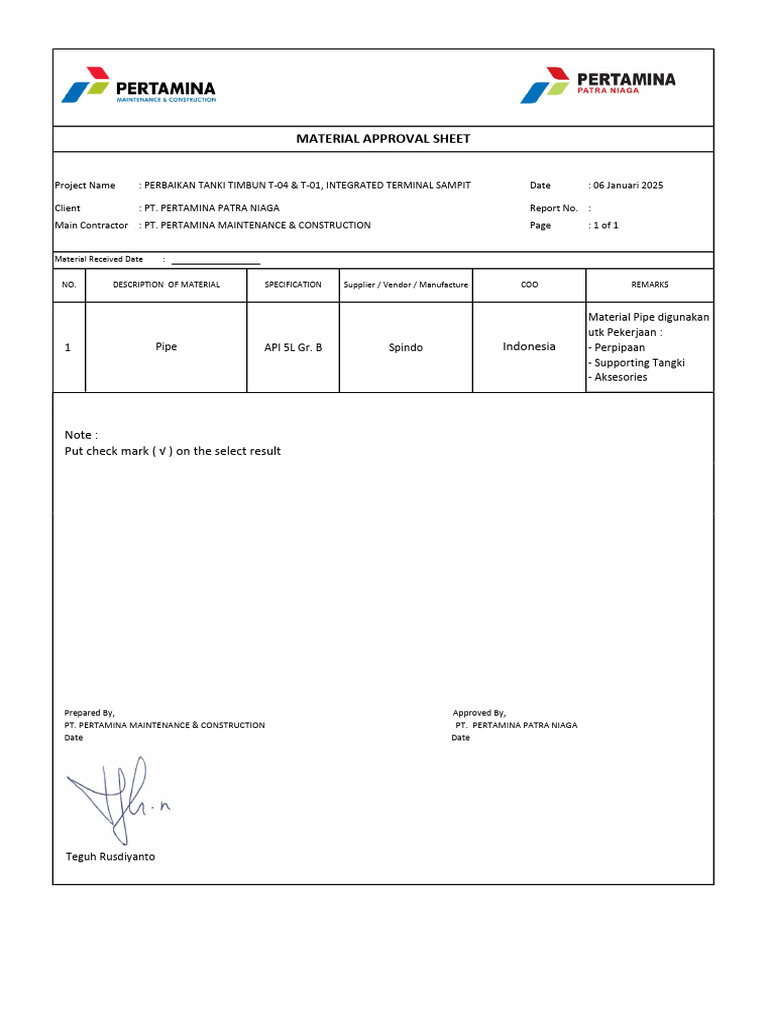 Material Approval for API 5L Gr. B Pipe | PDF
