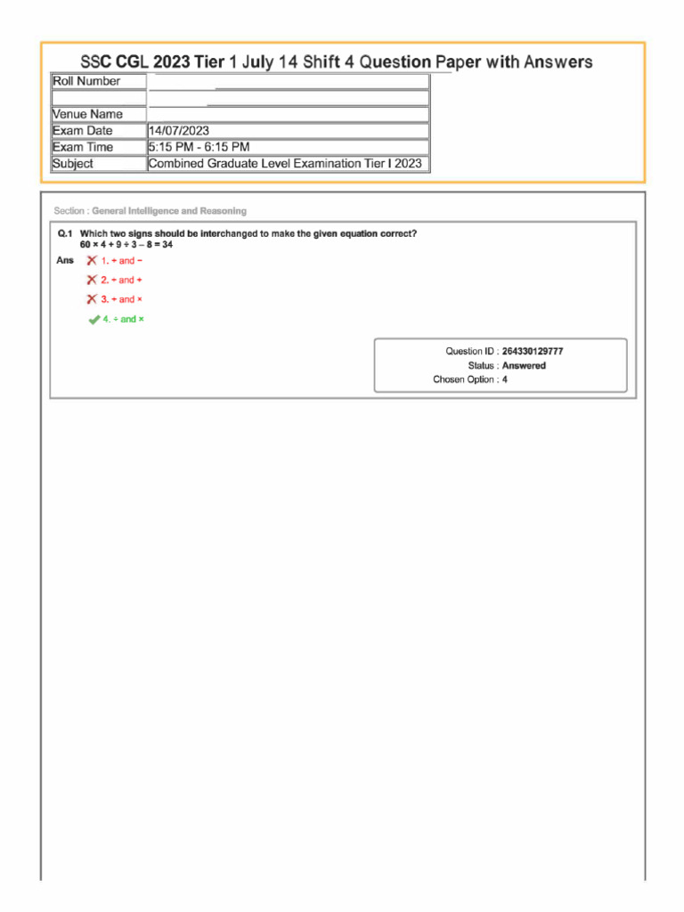 SSC CGL - Tier I - Previous Year Paper With Answer Key 2023 in English ...
