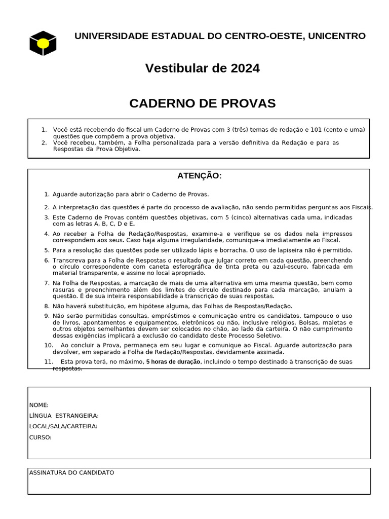 Caderno de Provas Do Vestibular de 2024 652d78b033f91 | PDF ...