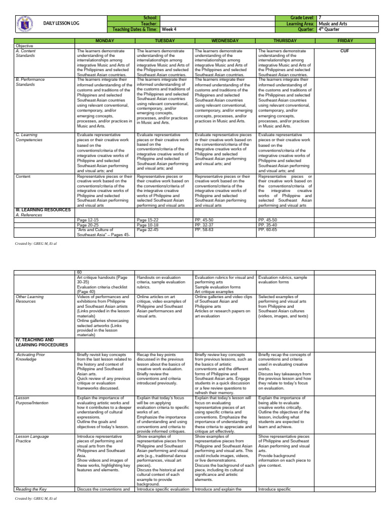 Music and Arts Lesson Plan for Grade 7 | PDF | The Arts | Rubric (Academic)