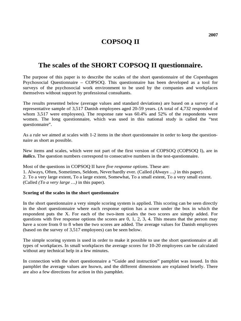 COPSOQ II Short Questionnaire Overview | PDF | Questionnaire | Bullying