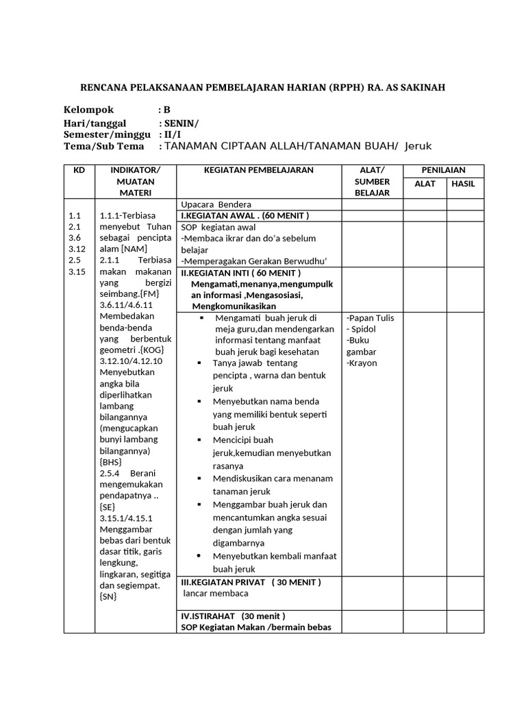 RPPH Tanaman Buah untuk Anak RA | PDF