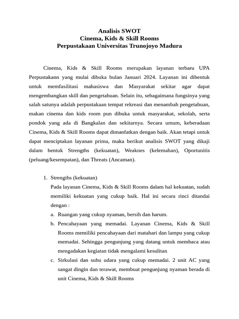 Analisis SWOT Layanan Cinema & Kids Room | PDF