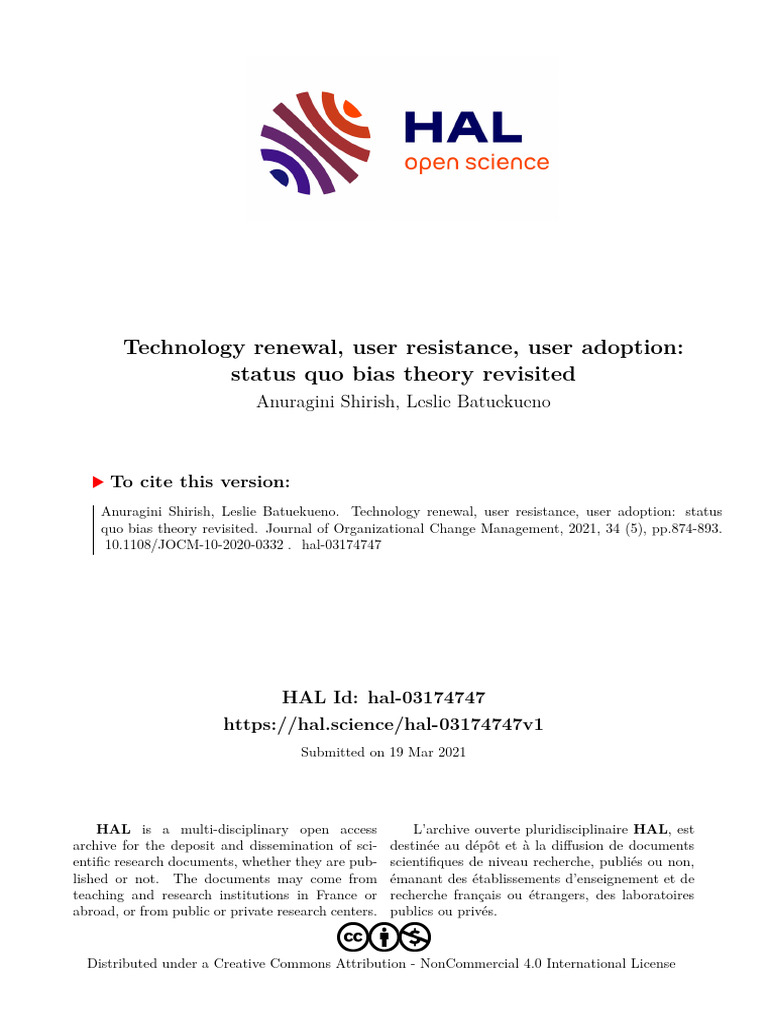 Technology Renewal, User Resistance, User Adoption - Status Quo Bias ...
