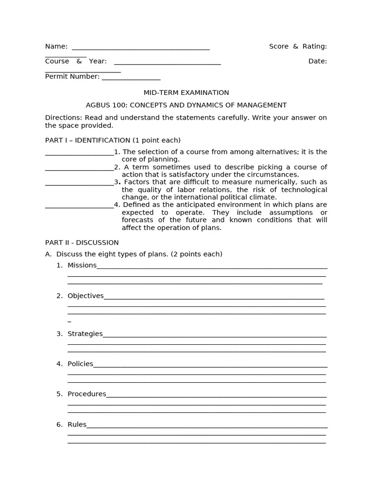 Mid term exam with answer key concepts and dynamics of management