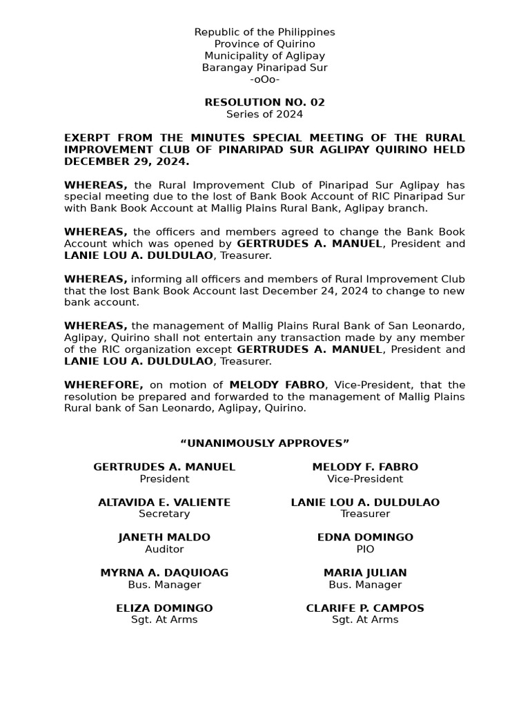 RIC Pinaripad Sur Bank Account Update | PDF