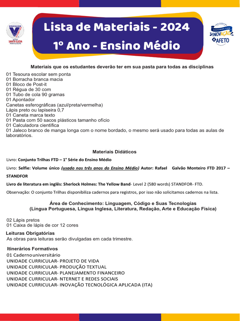 Materiais 1º Ano Ensino Médio 2024 | PDF | Caneta | Livros
