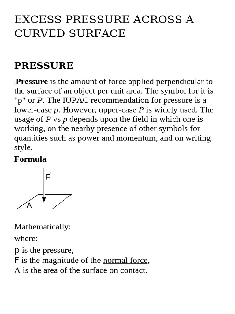Excess Pressure Across A Curved Surface | PDF | Pressure | Force