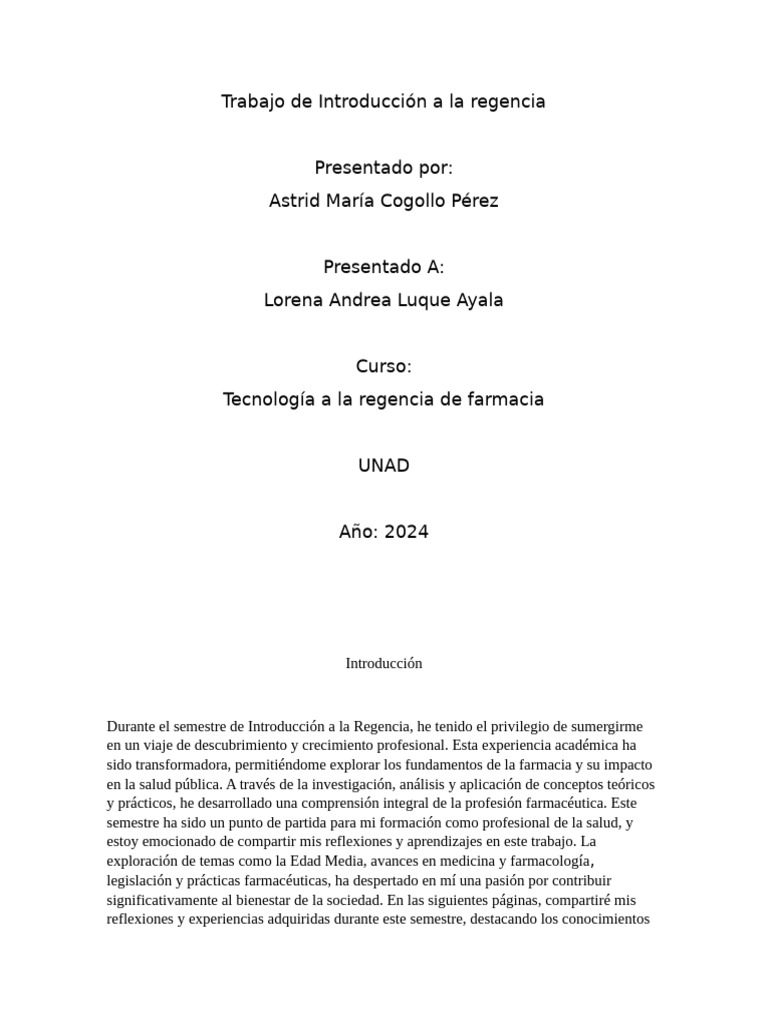Trabajo de Introducción A La Regencia Astrid Cogollo | PDF | Farmacia ...
