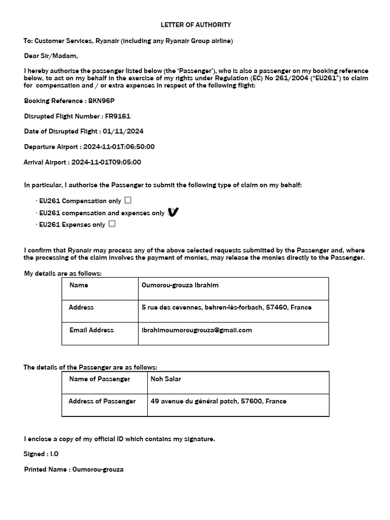 Ryanair EU261 Authority Letter Template | PDF