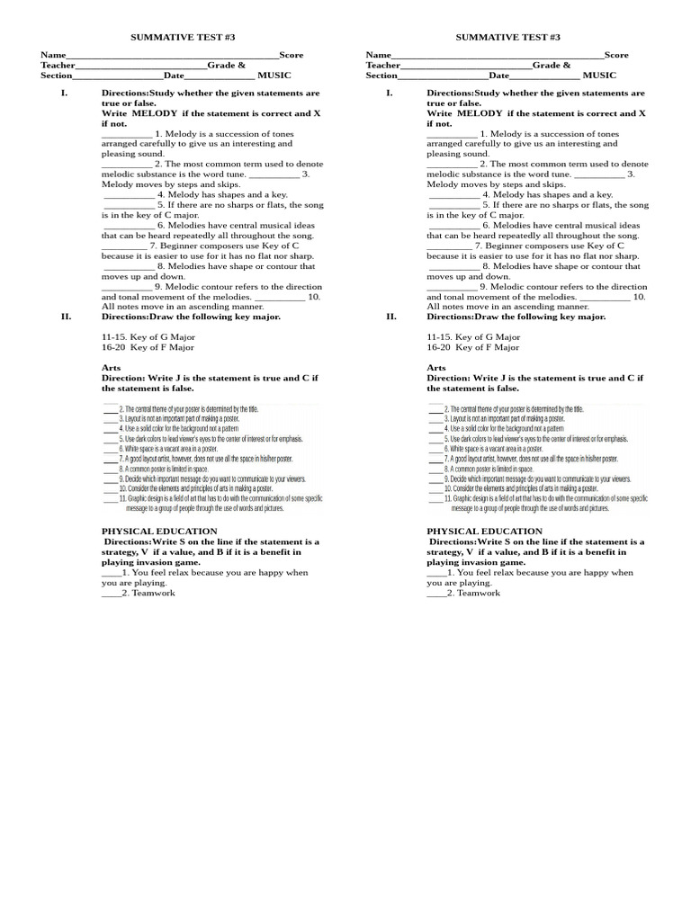 Music and PE Summative Test | PDF