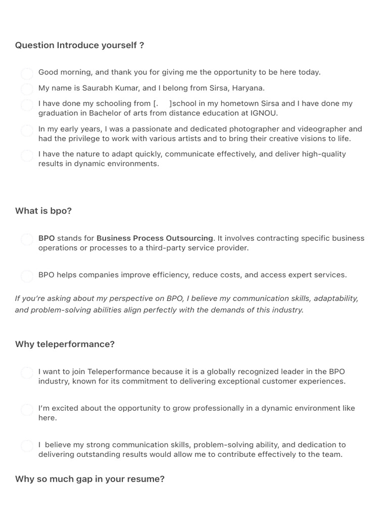 Question Introduce Yourself ? | PDF | Outsourcing | Business Process ...